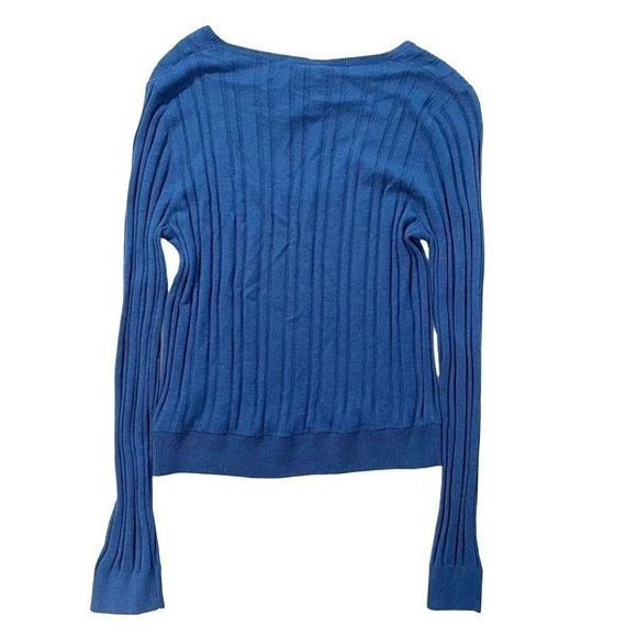 7 For All Mankind V-Neck Ribbed Long Sleeve Top Touch Of Cashmere Blue S NWT - Picture 2 of 7